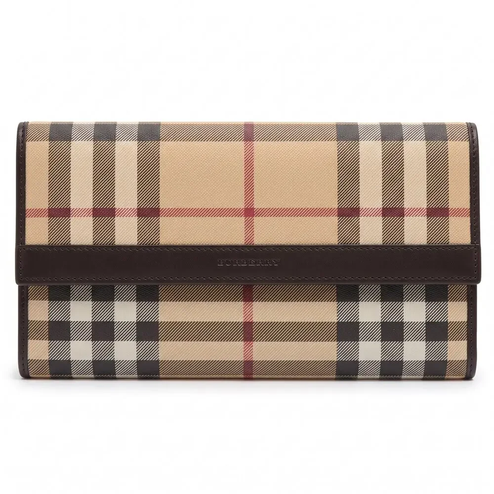 Authentic Burberry Nova Check Continental Long Wallet Black Leather Trim Luxury